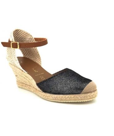 Ventes Espadrille Compensee Kedzaro Antona Sandale Cordes Tige Cuir Noir Irise