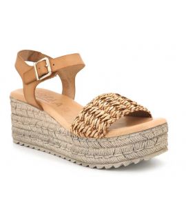 Sandale compensée Kaola 951 en cuir et raphia beige