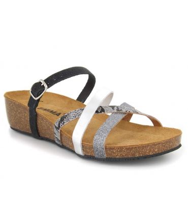 Emma Shoes mules 8956 Combi multi serpent et noir, petit compensé confortable 
