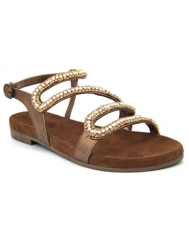 Sandale cuir Santafé Christa bronze, décor perles et strass pour femmes