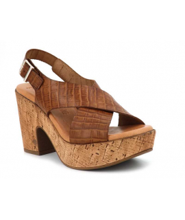 Compensé Kaola 895 marron, sandale talon décroché cuir aspect croco