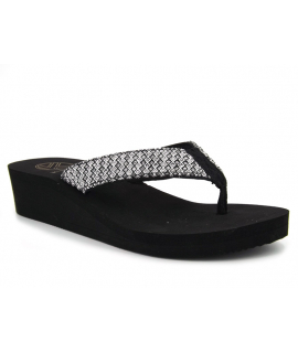Tongs compensées Kélara K12004 noir et argent brillant