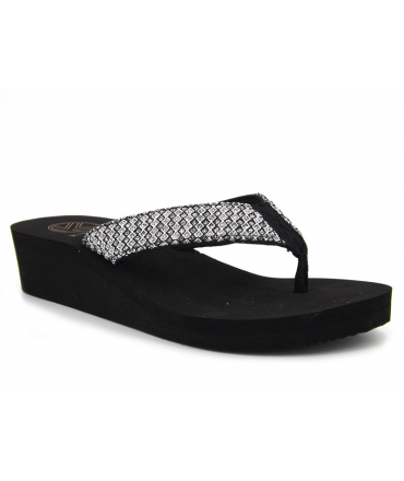 Tongs compensées Kélara K12004 noir et argent brillant