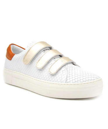 Sneakers Métamorfose Lafille blanc et orange, baskets fermeture velcro