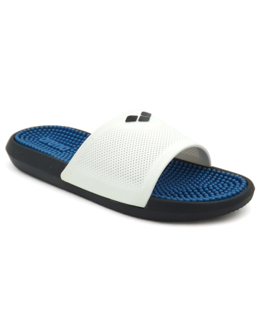 Claquette Arena Marco Blanc bleu et semelle noire, mules piscine avec picots massant