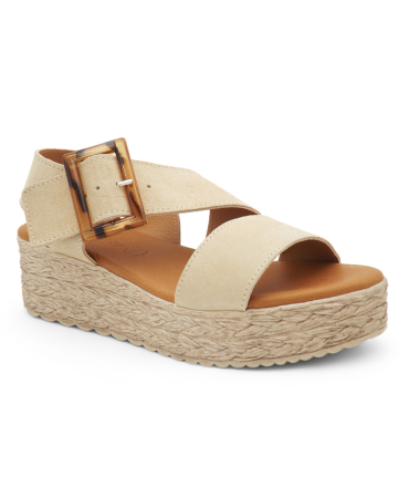 Eva Frutos 718 beige, sandale cuir velours et boucle marron